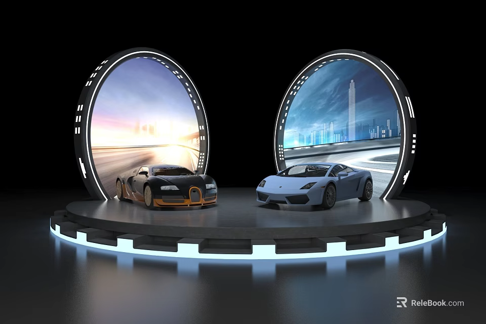 Luxury Sports Cars On Circular Display Platform With Background City Road Images And Lighting Effects 3d model 