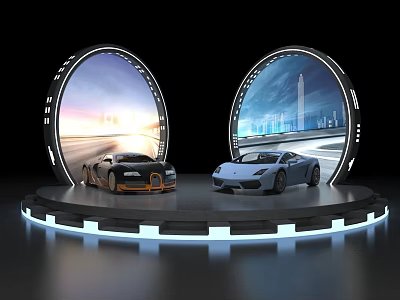 Luxury Sports Cars On Circular Display Platform With Background City Road Images And Lighting Effects 3d model