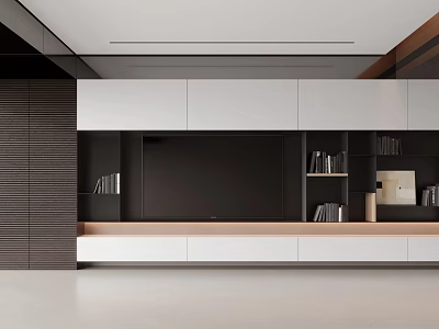 Modern TV Wall Unit Interior Design With Open Shelves Storage Cabinets And Wooden Accents 3d model