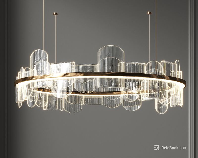 Modern Chandelier Design With Golden Ring And Transparent Illuminated Elements 3d model 