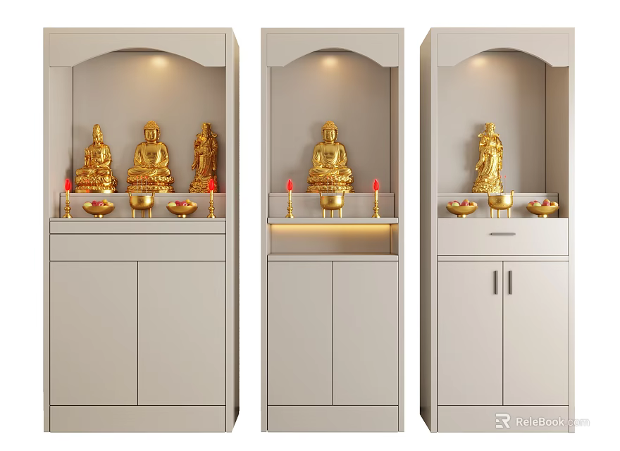 Buddhist Shrine Cabinet with Gray Finish Golden Buddha Statues and Storage Doors 3d model 