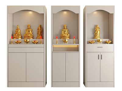Buddhist Shrine Cabinet with Gray Finish Golden Buddha Statues and Storage Doors 3d model