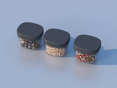 Transparent Storage Jars With Black Lids Containing Various Grains And Beans 3d model