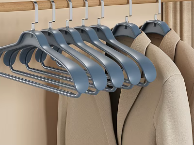 Blue Plastic Hangers Hanging on Wooden Rod with Beige Coats in Closet 3d model