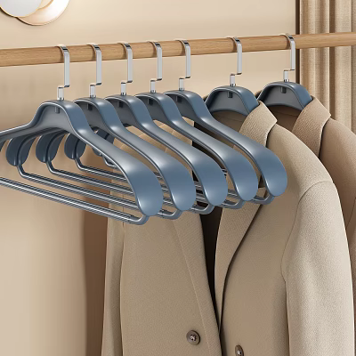 Blue Plastic Hangers Hanging on Wooden Rod with Beige Coats in Closet 3d model