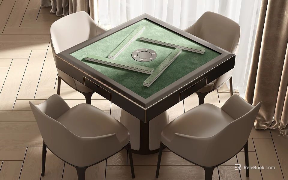 Square Entertainment Table With Green Top Game Layout And Four Light Colored Chairs 3d model 
