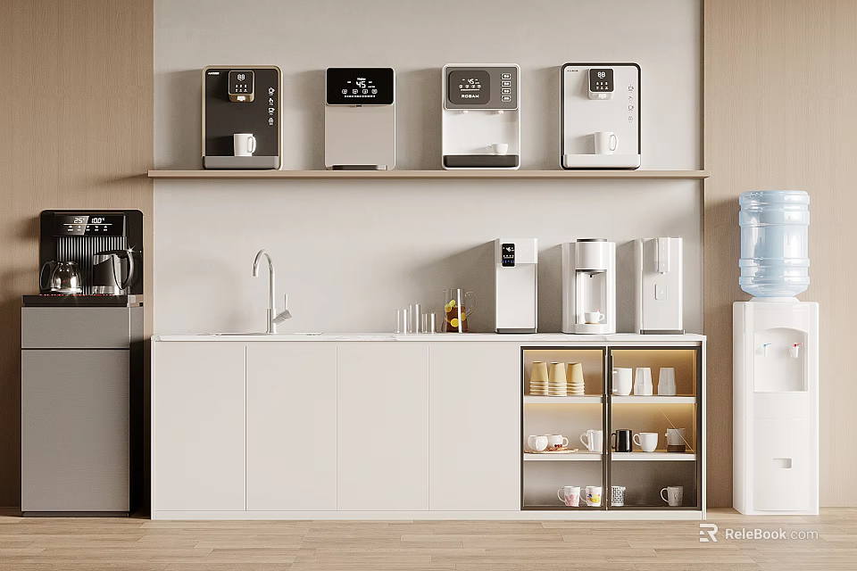 Modern Kitchen Interior With Storage Cabinets Coffee Machine And Daily Electrical Appliances 3d model