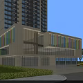 Modern School Building With Colorful Striped Facade Large Glass Windows And Green Lawn