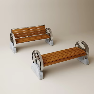 Outdoor Benches With Wooden Slats Metal Armrests And Gray Stone Bases 3d model