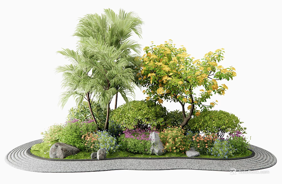 Lush Garden Landscape Featuring Shrubs Palm Trees Yellow Flowering Trees Stones and Curved Pathway 3d model 