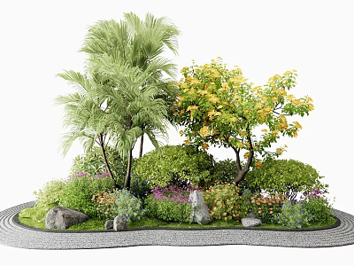 Lush Garden Landscape Featuring Shrubs Palm Trees Yellow Flowering Trees Stones and Curved Pathway 3d model