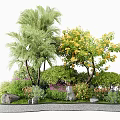 Lush Garden Landscape Featuring Shrubs Palm Trees Yellow Flowering Trees Stones and Curved Pathway