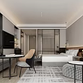 Modern Hotel Room Interior With Comfortable Bed Sofa Round Table And Wall Art 3d model