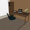 Modern Wooden Desk With Laptop Papers Green Chair And White Floor Lamp Near Striped Wall
