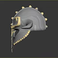 Ornate Metallic Helmet With Silver Gold Accents Spiked Rivets And Horn Like Protrusions