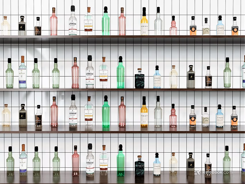 Various Colorful Wine Bottles Neatly Arranged On Multiple Wall Shelves With Different Shapes And Sizes 3d model 