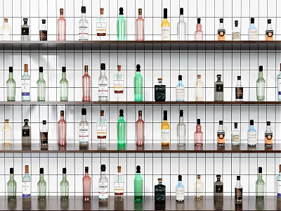 Various Colorful Wine Bottles Neatly Arranged On Multiple Wall Shelves With Different Shapes And Sizes 3d model
