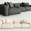 Modern Three Seater Sofa With Dark Gray And Beige Fabric Plush Cushions Design