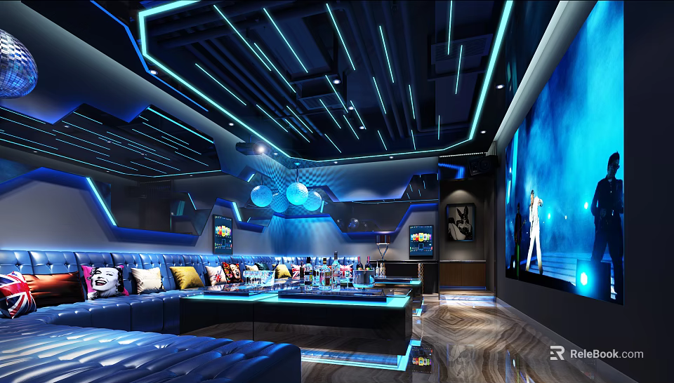 Modern KTV Lounge With Blue Neon Lighting Comfortable Sofa Drinks On Table And Large Screen Dancing 3d model 