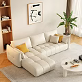 Modern White Sectional Sofa with Yellow Beige Cushions Abstract Painting Green Plant and Coffee Table
