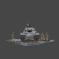 Military Tank With Cannon On Snow Covered Muddy Ground And Dry Grass