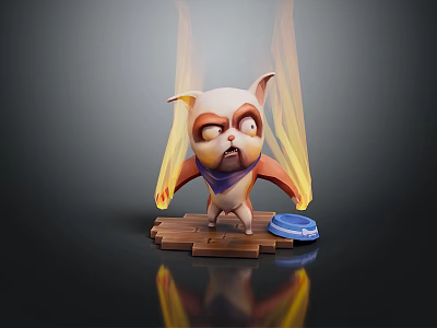 Angry 3D Game Character With Flame Effects Scarf Wooden Base And Blue Disc 3d model