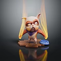 Angry 3D Game Character With Flame Effects Scarf Wooden Base And Blue Disc