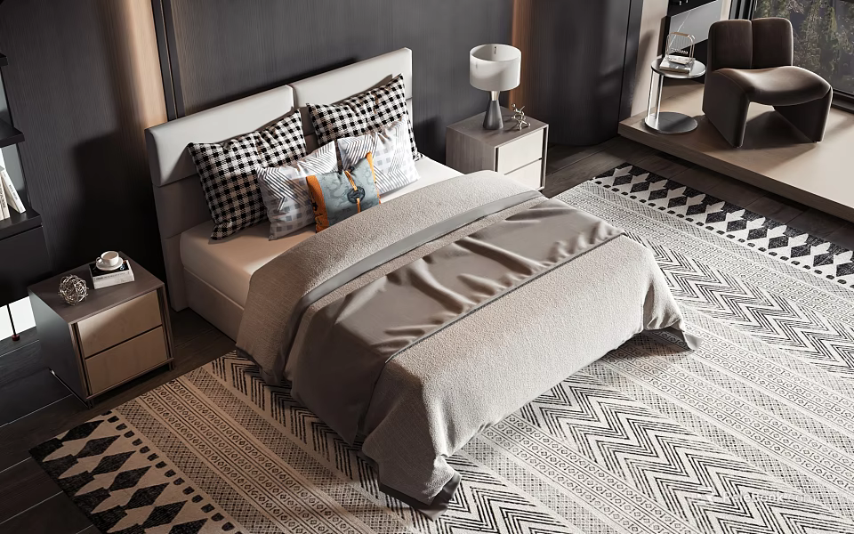 Modern Double Bed With White Headboard Gray Bedding And Geometric Rug 3d model 