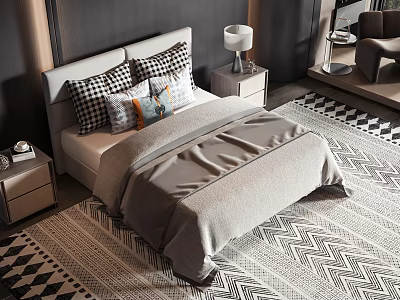 Modern Double Bed With White Headboard Gray Bedding And Geometric Rug 3d model