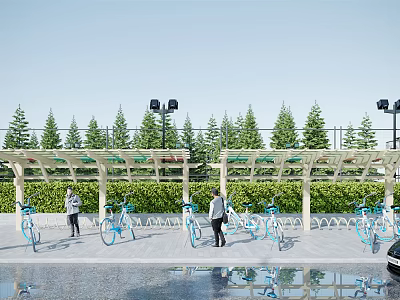 Bike Canopy With Blue Bikes People Trees And Streetlights In Paved Area 3d model