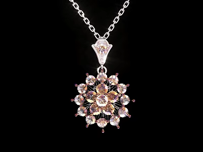 Exquisite Floral Pendant Necklace Featuring Central Pink Gemstone And Surrounding Stones On Silver Chain 3d model
