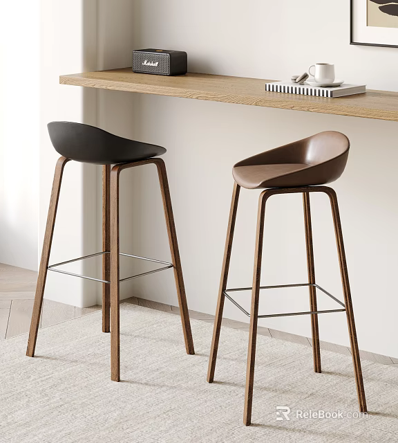 Stylish Black And Brown Bar Stools With Wooden Legs And Kitchen Countertop 3d model 