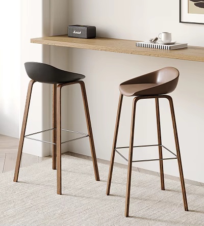 Stylish Black And Brown Bar Stools With Wooden Legs And Kitchen Countertop 3d model
