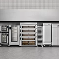 Stainless Steel Commercial Kitchen Appliances With Ovens Refrigerators Freezers And Mixer Rack