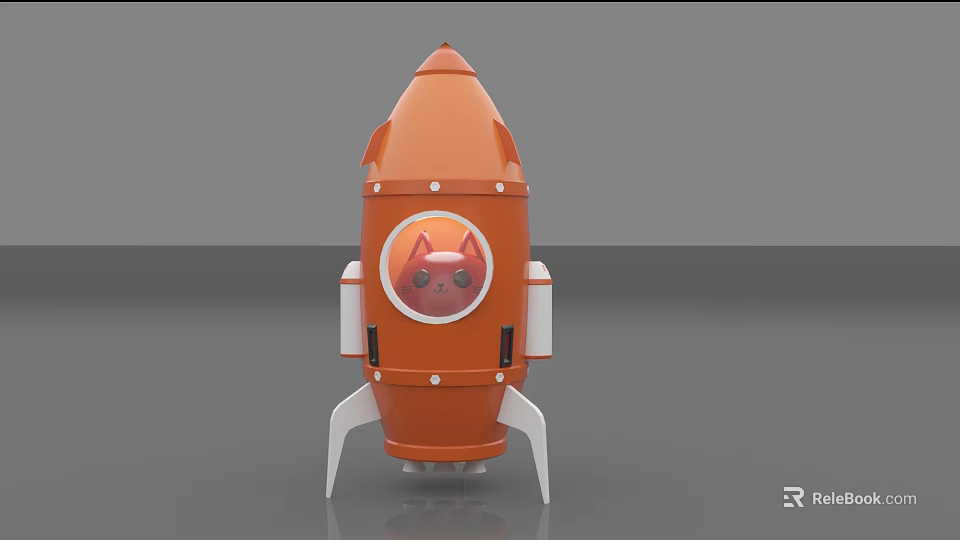 Orange Rocket Sculpture with Circular Window and Cartoon Cat Design plus White Thrusters 3d model 