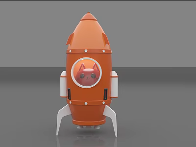 Orange Rocket Sculpture with Circular Window and Cartoon Cat Design plus White Thrusters 3d model