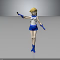 3D Model Female Character With Blonde Hair In Blue And White Outfit Holding Black Object