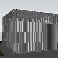 Modern Cube Building With Perforated Metal Stripes On Grass Lawn And Gray Pavement