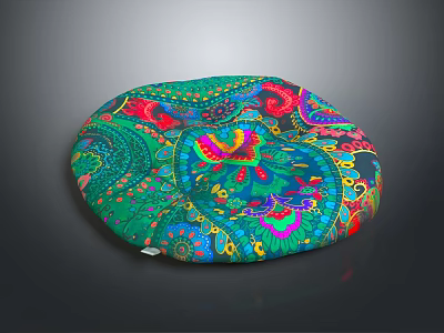 Round Decorative Cushion with Colorful Intricate Bohemian Patterns and Butterfly Designs 3d model