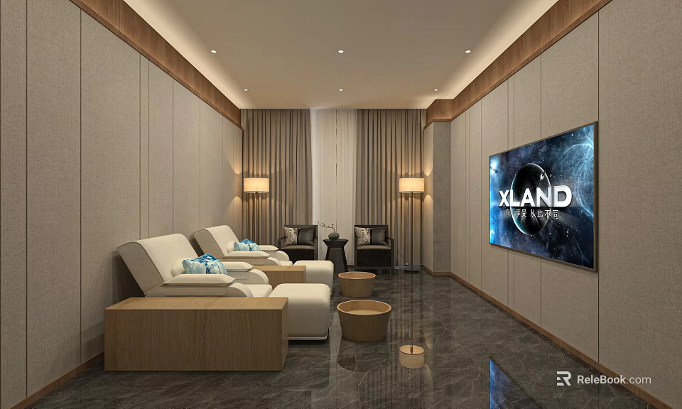 Elegant SPA Sauna Interior With White Loungers Wooden Decor Carpet Table Lamps And Large TV 3d model 