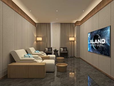 Elegant SPA Sauna Interior With White Loungers Wooden Decor Carpet Table Lamps And Large TV 3d model