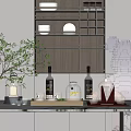Elegant Modern Kitchen Counter Display With Glass Wine Bottles Wine Glasses And Wooden Tray