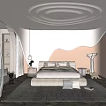 Modern Bedroom Interior Design With Unique Ceiling Bed Rug And Decorative Lighting 3d model