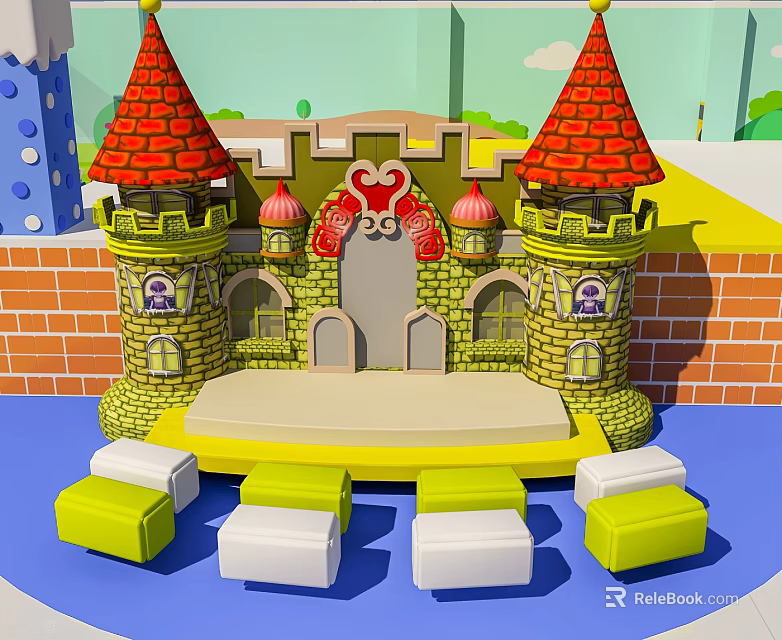 Castle Themed Play Equipment With Red Spires Towers And Yellow Stage Green And White Cushions 3d model 