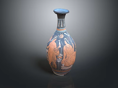 Artistic Hand Carved Ceramic Vase Displaying Ancient Figure Scenes And Blue Orange Details 3d model