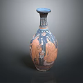 Artistic Hand Carved Ceramic Vase Displaying Ancient Figure Scenes And Blue Orange Details