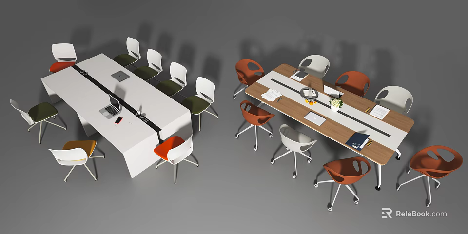 Modern Conference Table Featuring Multicolored Chairs And Desktop Items For Office Meetings 3d model 