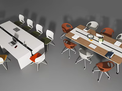 Modern Conference Table Featuring Multicolored Chairs And Desktop Items For Office Meetings 3d model