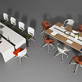 Modern Conference Table Featuring Multicolored Chairs And Desktop Items For Office Meetings