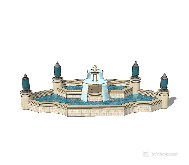 Decorative Multi Tiered Garden Fountain With Water Jets And Stone Lamp Posts 3d model 